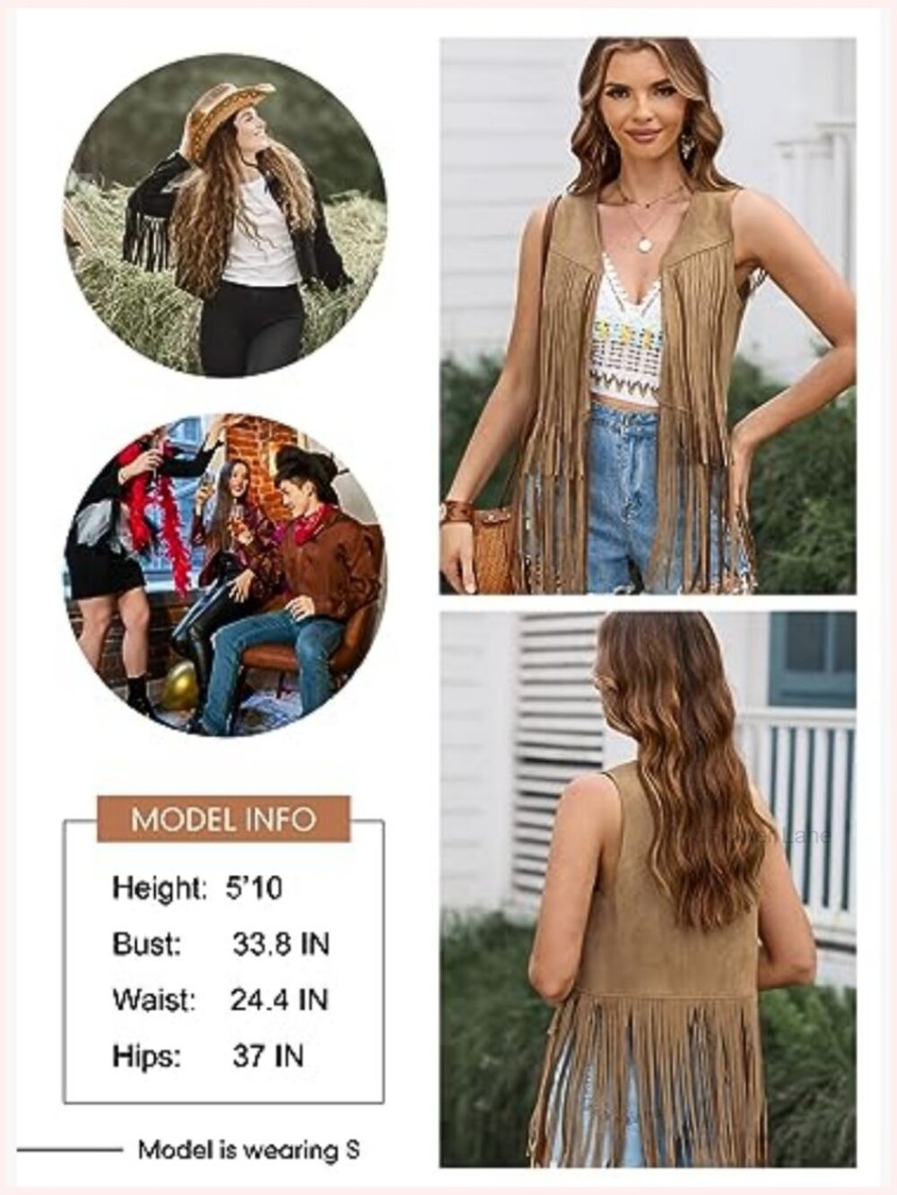 Sleeveless Fringe Vest 70s Hippie Cowgirl Tassel Western Outerwear - Picture 5 of 7